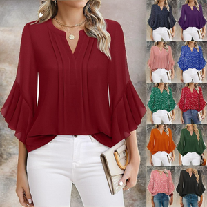 เสื้อคอวีแฟชั่นลำลองแฟชั่นฤดูร้อนของ2025เสื้อชีฟองผู้หญิงสีทึบแขนเจ็ดส่วนแรงบันดาลใจจากใบบัว - Product Image 2