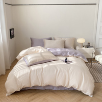 Parure de lit en soie glacée 4 pièces avec draps en satin rafraîchissant réversibles couleur unie, haute densité classe A, double face AB