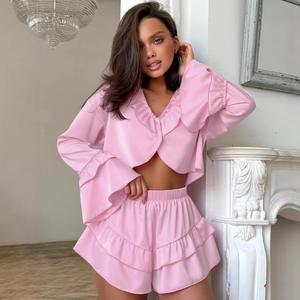 En stock, vente en gros, vêtements de maison solides pour femmes, vêtements de nuit sexy, vêtements de détente pour femmes, ensemble de pyjama pour filles sexy, ensemble de pyjama à volants pour femmes - Product Image 2