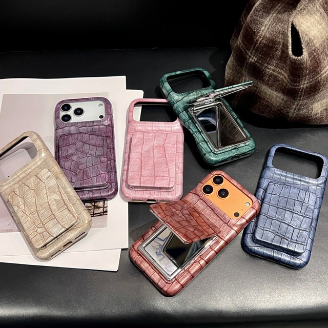 ZL160 Retro Crocodile Pattern Flip Mirror Phone Case for iPhone 17 Pro Max, iPhone 16/15 Pro, Solid Color