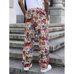FOXA Men's Floral Embroidery Baggy Pants <b>Drawstring</b> Waist Casual Street <b>Trousers</b> With Pockets 100% Cotton Breathable - Product Image 2