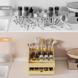 Wooden Kitchen Utensil <b>Rack</b> With Drawer Storage Box For Countertop Organization And Spice Jar Holder - Product Image 5