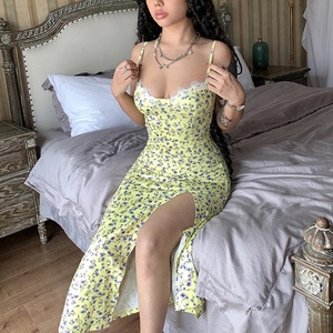 Robe longue fendue à col en V sexy, coupe classique, imprimé floral numérique vintage, en dentelle naturelle, vente en gros d'été - Product Image 2