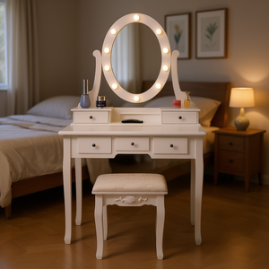 Tocador de Maquillaje FCH con Espejo Ajustable, 5 Cajones, Madera Blanca, Estilo Tradicional, Muebles para Dormitorio - Product Image 2