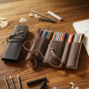 Étui à stylos en cuir véritable moderne, enroulable, multifonctionnel, durable, pour cadeaux de bienvenue - Product Image 1