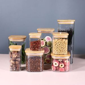 Modern OEM Hand Blown 500ml Square Glass <b>Storage</b> Jar Transparent Kitchen Food Seasoning Jar with Bamboo Lid for Home Party Use - Product Image 1