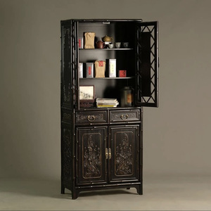 Bibliothèque classique en bambou, style chinois rétro, armoire de rangement sur pied avec portes et étagères pour la maison ou le bureau - Product Image 2