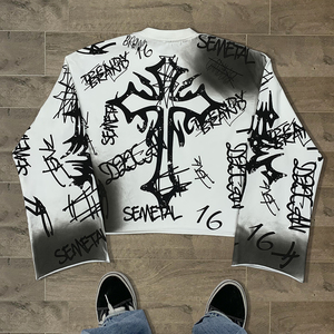 Mode poids lourd français éponge t-shirts Streetwear surdimensionné imprimé graphique T-shirts acide lavage à manches longues t-shirt pour hommes - Product Image 2