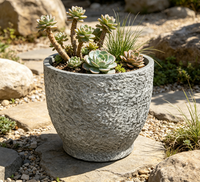 Lot de 4 pots de fleurs gris clair texturés effet roche, robustes, mats, en GRC, pour décoration intérieure et extérieure