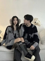 Cardigan à col en V imprimé papillon - Pull en tricot doux et moelleux avec contraste gris et boutons sur le devant, haut unisexe surdimensionné pour l'automne/hiver