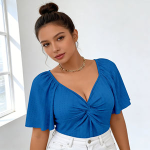 Blusa Peplum Azul Rey de Elegancia Moderna SWEET BABE 2026, Personalizable, para Mujer, Manga Corta, Cuello en V, Tela con Ojales, Parte Delantera Fruncida - Product Image 6