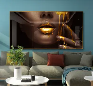 Wall Art Prints Gold Sexy Lip Black African Nude Woman UV Printing On Acrylic Crystal Porcelain Painting African Wall Art