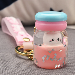 Lindo llavero de acrílico con aceite, mini botella de yogur, macaron portátil, arena líquida, gatito, colgante para mochila de estudiante - Product Image 1