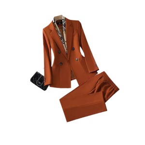 Women's Double Breasted Apricot Suit Set Full Sleeve Polyester Spring Office Lady Anti Wrinkle Two Piece - Product Image 5
