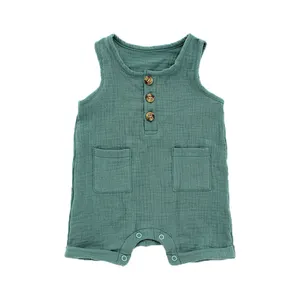 Comfortable Bamboo Cotton Knitted Sleeveless Summer Unisex Wooden Button Opening Baby Romper Set Baby Jumpsuit Baby Sleepwear