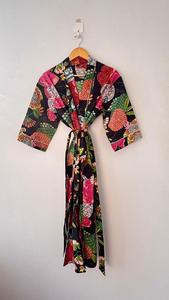 Bata de dormir informal de algodón 100% con estampado floral para mujer, manga corta, cuello en V, largo completo, estilo kimono - Product Image 3