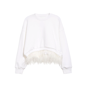 Sweat en mélange de coton pour femmes Style court col rond haut de Sport garniture en plumes couleur unie lavage à l'acide Technique mode personnalisable - Product Image 1