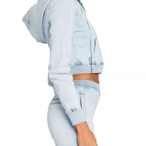 Hoodie en jean court zippé personnalisé pour filles, coupe slim, en molleton bouclette vintage, coton côtelé, style streetwear, survêtement - Product Image 4