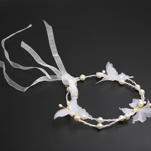 Beyaz kelebek inci saç bandı çocuk elbise aksesuarları takı kakma inci çocuk Headdress Hairband