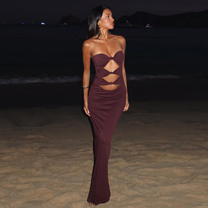 Robe de soirée fourreau sans bretelles, à découpes, taille nouée, couleur unie, taille naturelle, en tissu polyester - Product Image 2