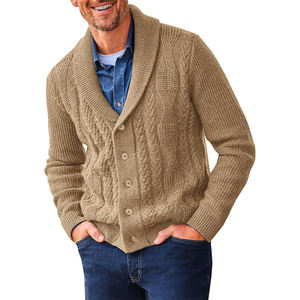 Fall Winter Warm <b>Men's</b> <b>Cardigan</b> Classic American <b>Shawl</b> <b>Collar</b> Cable Knit Button Front Casual Knitted Sweater - Product Image 1