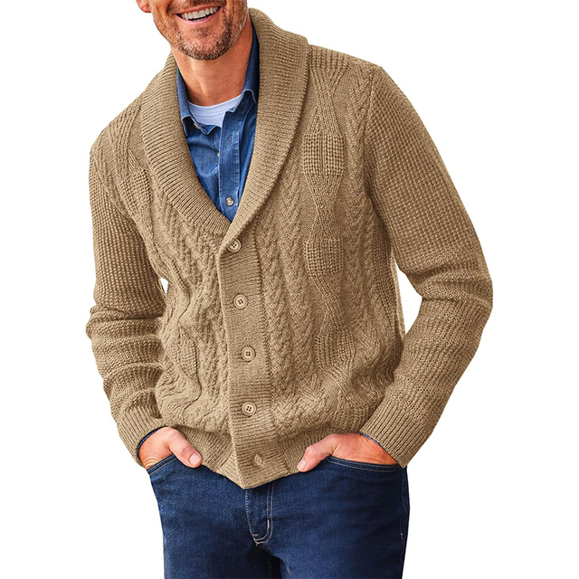 Fall Winter Warm Men's Cardigan Classic American Shawl Collar Cable Knit Button Front Casual Knitted Sweater