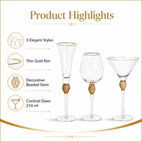 Verres à pied réutilisables en verre transparent avec bord doré, sans plomb, compatibles lave-vaisselle, pour flûtes à vin, gobelets à cocktail, verres à pied perlés pour mariages