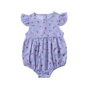 Summer Soft Fabric Baby Girl Short Ruffle Sleeve Clothes Striped Cherry Romper