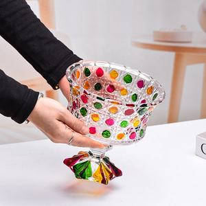 Cuenco de Cristal Decorativo de Mesa con Base Alta, Diseño de Diamantes, Pintado a Mano con Puntos Coloridos, Gran Copa de Cristal para Dulces, Frutas y Aperitivos - Product Image 3