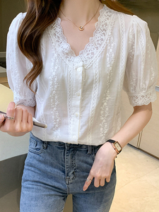 Camicetta Estiva Bianca in Pizzo a Maniche Corte da Donna, Blusa con Scollo a V in Pizzo, Blusas Mujer De <span class=keywords><strong>Moda</strong></span>, <span class=keywords><strong>Top</strong></span> e Camicie da Donna 8556 # - Product Image 6