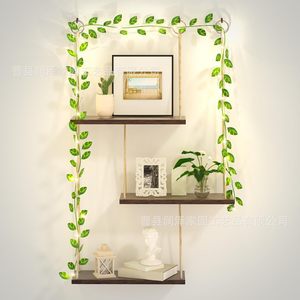 Wall Mounted Hemp <b>Rope</b> Shelf 3 Tier Wooden With Led <b>Lights</b> And Vine Decor For Living Room Storage Display Rack - Product Image 1