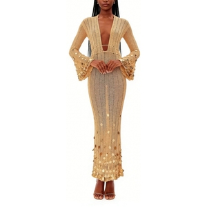 เดรสยาวผ้าถักซีทรูประดับเลื่อมสำหรับผู้หญิง คอวีลึก แขนยาว ชุดเดรสออกงาน แฟชั่น - Product Image 1