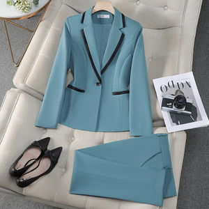 Ensemble de tailleur pour <span class=keywords><strong>femme</strong></span> en 2 pièces, blazer cintré à un bouton et pantalon droit, tenue de travail formelle - Product Image 1