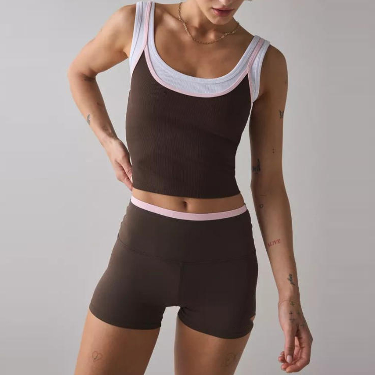OEM Custom Quick Dry Ribbed Yoga Tank Top Double Layer Contrast Trim Cropped Workout Fitness Top With Private Label