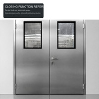 Porte coupe-feu double battant en acier gris argenté avec fenêtres de vision et ferme-porte automatique pour projets commerciaux et supermarchés intérieurs