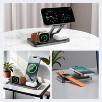 Chargeur sans fil de bureau 15W avec support, station de charge magnétique 3-en-1 pour iPhone 17/16/15/14, pour iWatch 1-7, pour Airpods