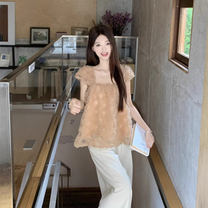 Camisa de manga corta con malla tridimensional de estilo industrial para mujer, cuello cuadrado francés, holgada, para verano - Product Image 3