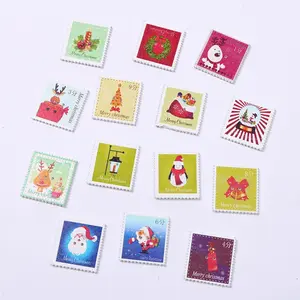 热卖圣诞假日两孔方形圣诞印花邮票木制装饰纽扣