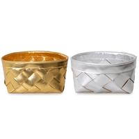 Panier de rangement pliable en cuir PU, tissé à la main, motif damier or et argent, certifié BSCI, pour cuisine, salle de bain et armoire
