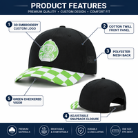 Casquette de baseball personnalisée en sergé noir à 6 panneaux, visière à motif damier, patch brodé personnage de dessin animé, accent vert lime, vente en gros
