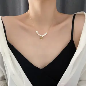 Collar de perlas de oro PVD de 18K para mujer, elegante colgante con cuentas de acero inoxidable, joyería de moda de acero y titanio para mujer