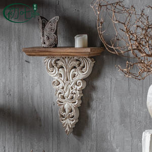 American Retro <b>Wall</b> Shelf Distressed Iron Carved Wood Decor Living Room Entryway Hanging Display - Product Image 3