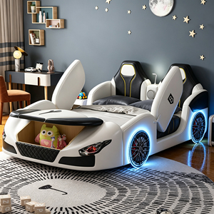Letto <span class=keywords><strong>per</strong></span> Bambini a Forma di Auto Bianca, Design Unico, in Pelle con Vano Contenitore, Moderno e Imbottito, Set Letto Sicuro <span class=keywords><strong>per</strong></span> Bambini - Product Image 1