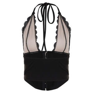 Top Corto de Punto con Cuello Halter, Escote en V y Detalles de Encaje - Color Sólido, Estilo Atrevido y Sexy - Product Image 6