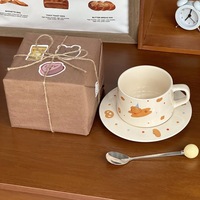 Ensemble tasse et soucoupe en porcelaine mignons, motif animal adorable, écologique, passe au lave-vaisselle, tasse à café/thé pour le petit-déjeuner et le thé de l'après-midi