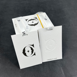 Luxury Embossed Paper Tags - Custom Printed Cotton Texture Clothing Tags with Satin Ribbon <b>String</b> - Product Image 1