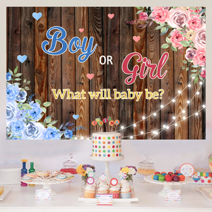 Sfondo Fotografico Marrone per Rivelazione del Sesso del Bambino, Maschio o Femmina, Baby Shower, Sfondo Stampato con Fiori Rosa e Blu, Cosa Sarà il Sesso del Bambino? - Product Image 2