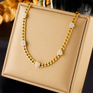 Heart Shaped Diamond Encrusted Chunky Chain Necklace Gold And Silver Unisex Everyday Wear Titanium Steel Metal Necklace - Product Image 1