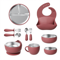 Ensemble de vaisselle pour bébé en acier inoxydable et silicone de haute qualité, 10 pièces, comprenant un bavoir, une tasse à ventouse, une tasse à eau, un ensemble d'alimentation pour bébé en silicone