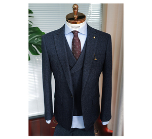 Abito <span class=keywords><strong>da</strong></span> sposa in Tweed retrò britannico in tre pezzi abito <span class=keywords><strong>da</strong></span> sartoria in lana a spina di pesce aderente stile blu scuro - Product Image 4